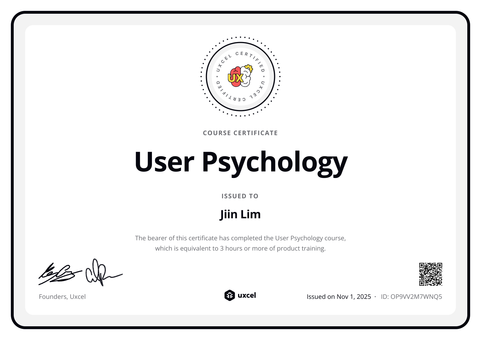 Jiin Lim's certificate